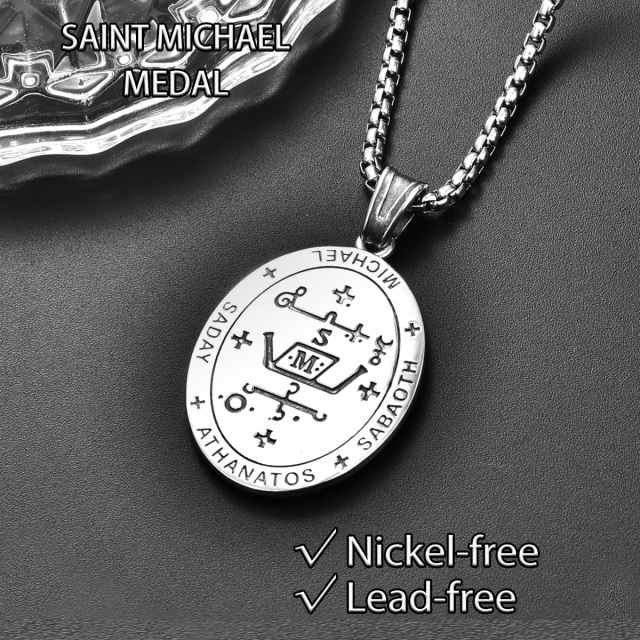 Sterling Silver Saint Michael Amulet Oval Pendant Necklace for Men-4