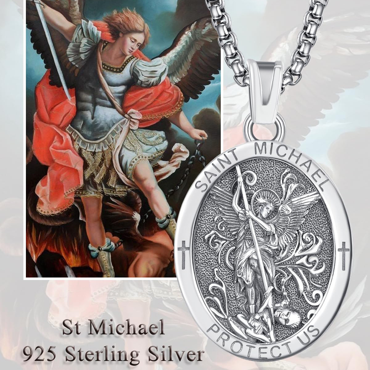 Sterling Silver Saint Michael Amulet Oval Pendant Necklace for Men-6