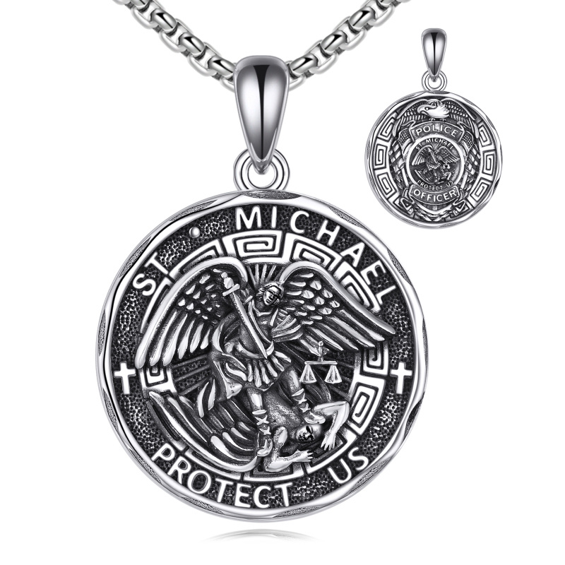 Sterling Silver Saint Michael Coin Necklace with Engraved Word for Men-11