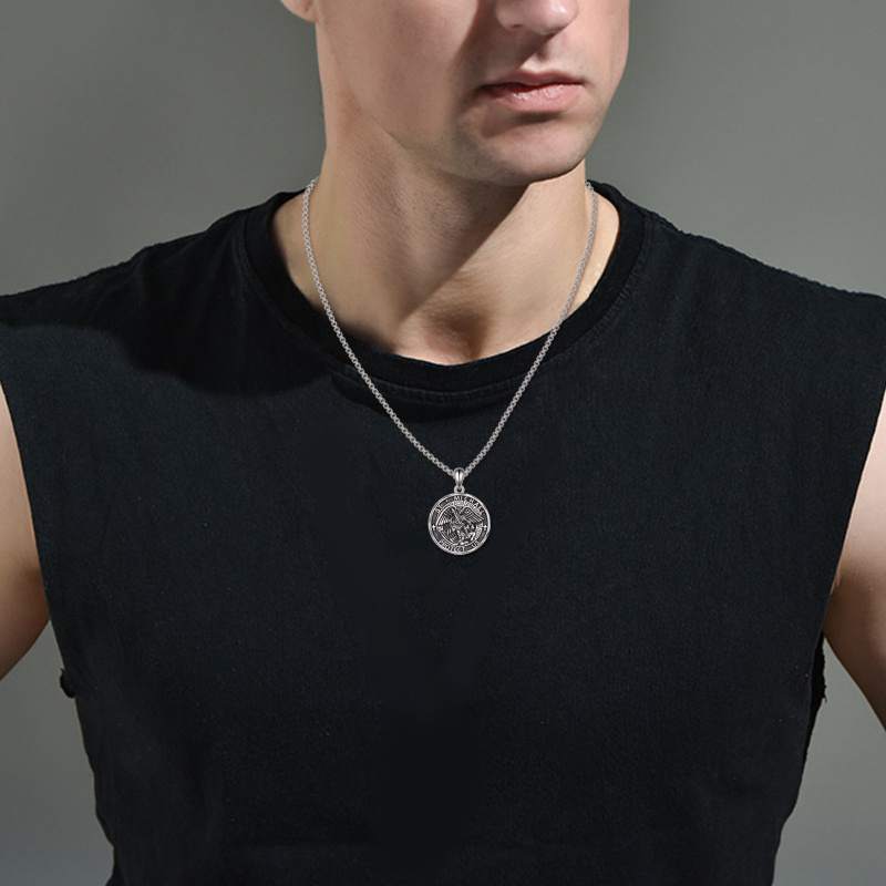 Sterling Silver Saint Michael Coin Necklace with Engraved Word for Men-2