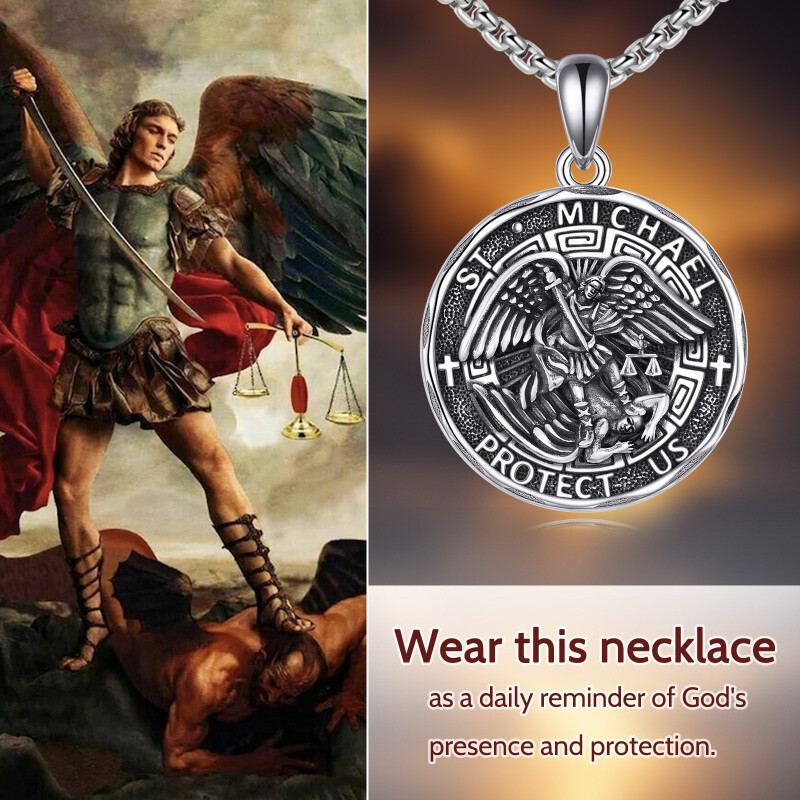 Sterling Silver Saint Michael Coin Necklace with Engraved Word for Men-6