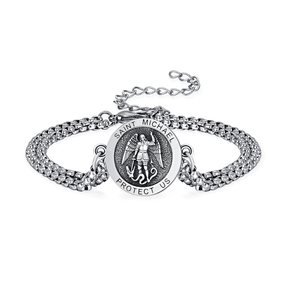 Pulseira com pingente de moeda de Saint Michael em prata esterlina com palavra gravada para homens-1