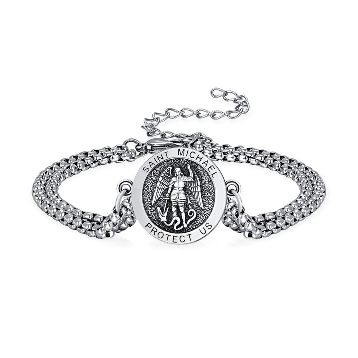 Sterling Silver Saint Michael Coin Charm Bracelet with Engraved Word for Men-1