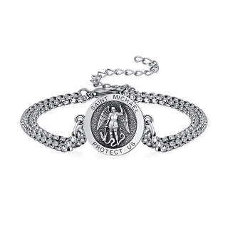 Sterling Silver Saint Michael Coin Charm Bracelet with Engraved Word for Men-56