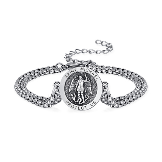 Sterling Silver Saint Michael Coin Charm Bracelet with Engraved Word for Men