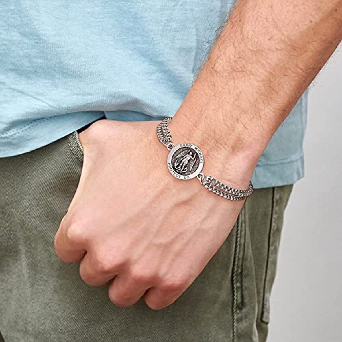 Sterling Silver Saint Michael Coin Charm Bracelet with Engraved Word for Men-2