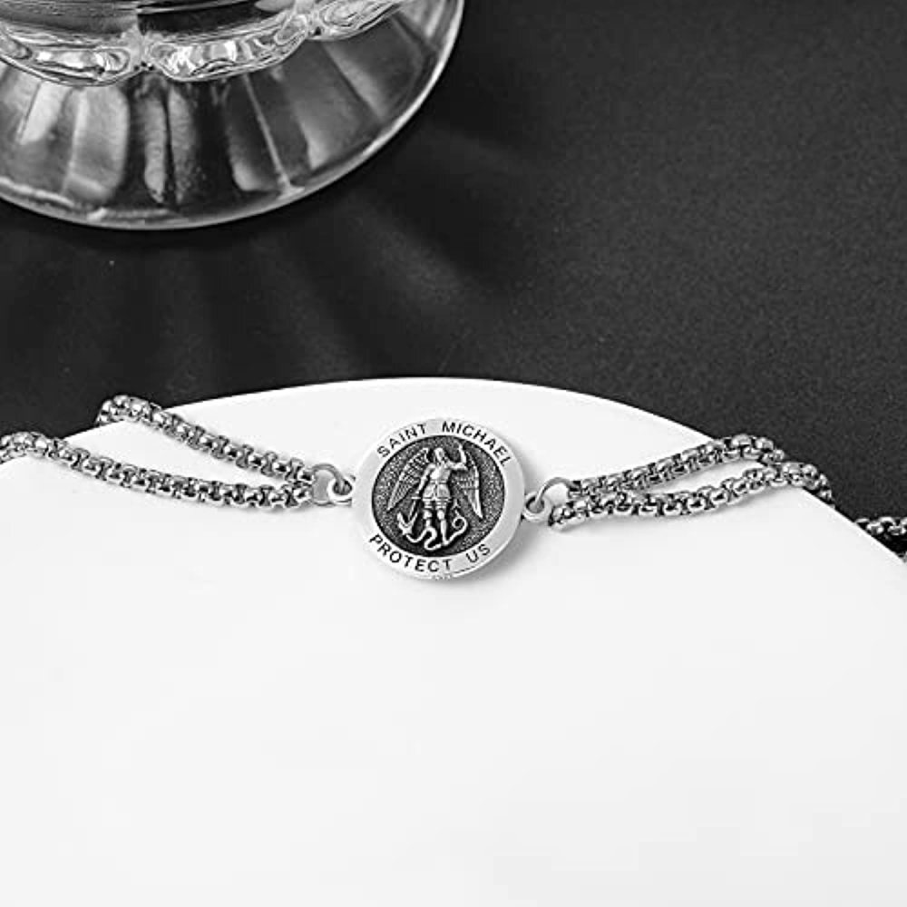Pulseira com pingente de moeda de Saint Michael em prata esterlina com palavra gravada para homens-3