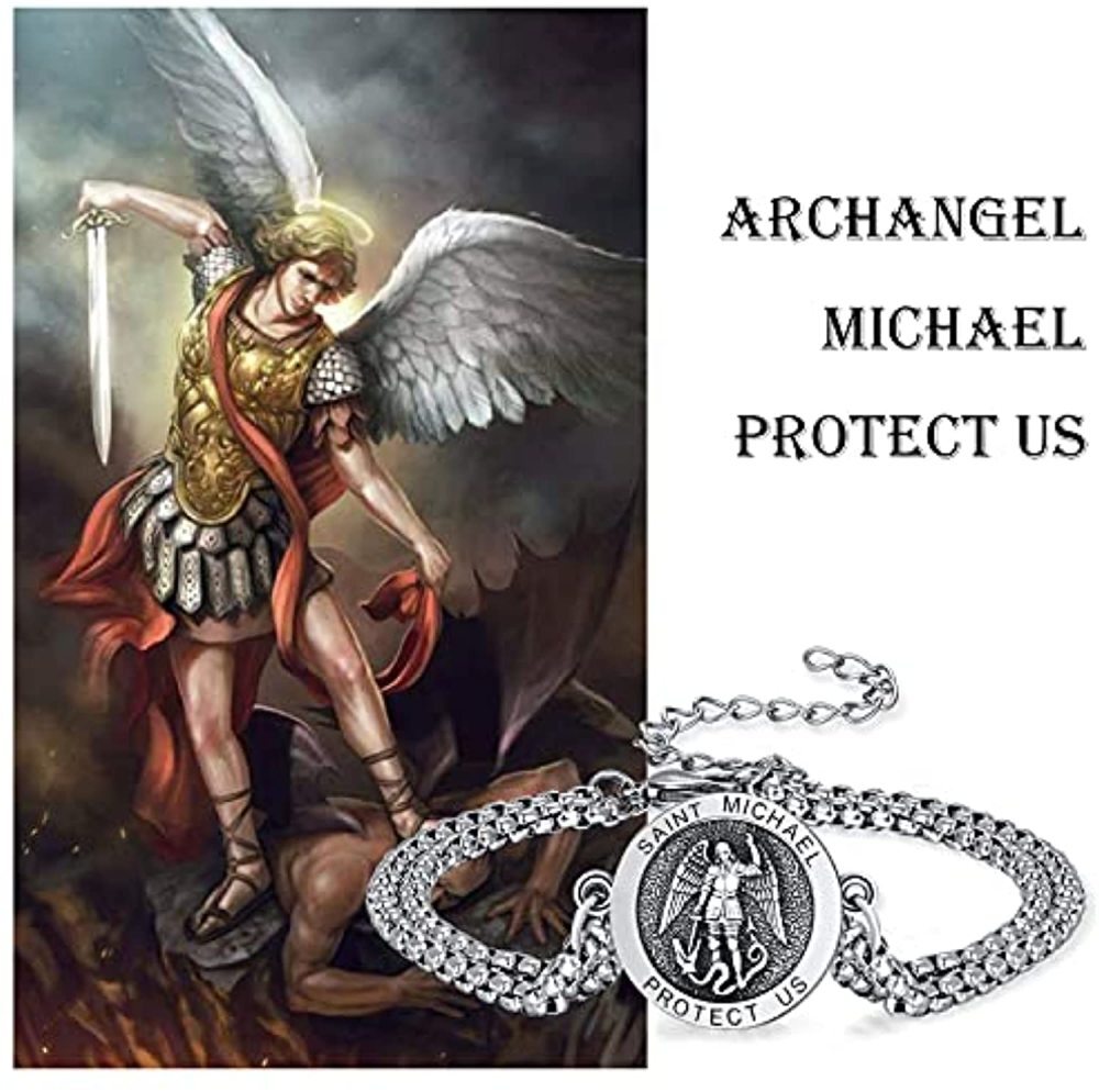 Pulseira com pingente de moeda de Saint Michael em prata esterlina com palavra gravada para homens-6