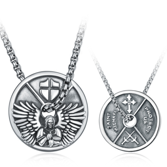 Sterling Silver Saint Michael Coin Pendant Necklace with Engraved Word for Men