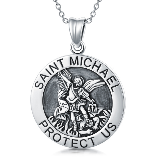 Sterling Silver Saint Michael Coin Pendant Necklace with Engraved Word for Men