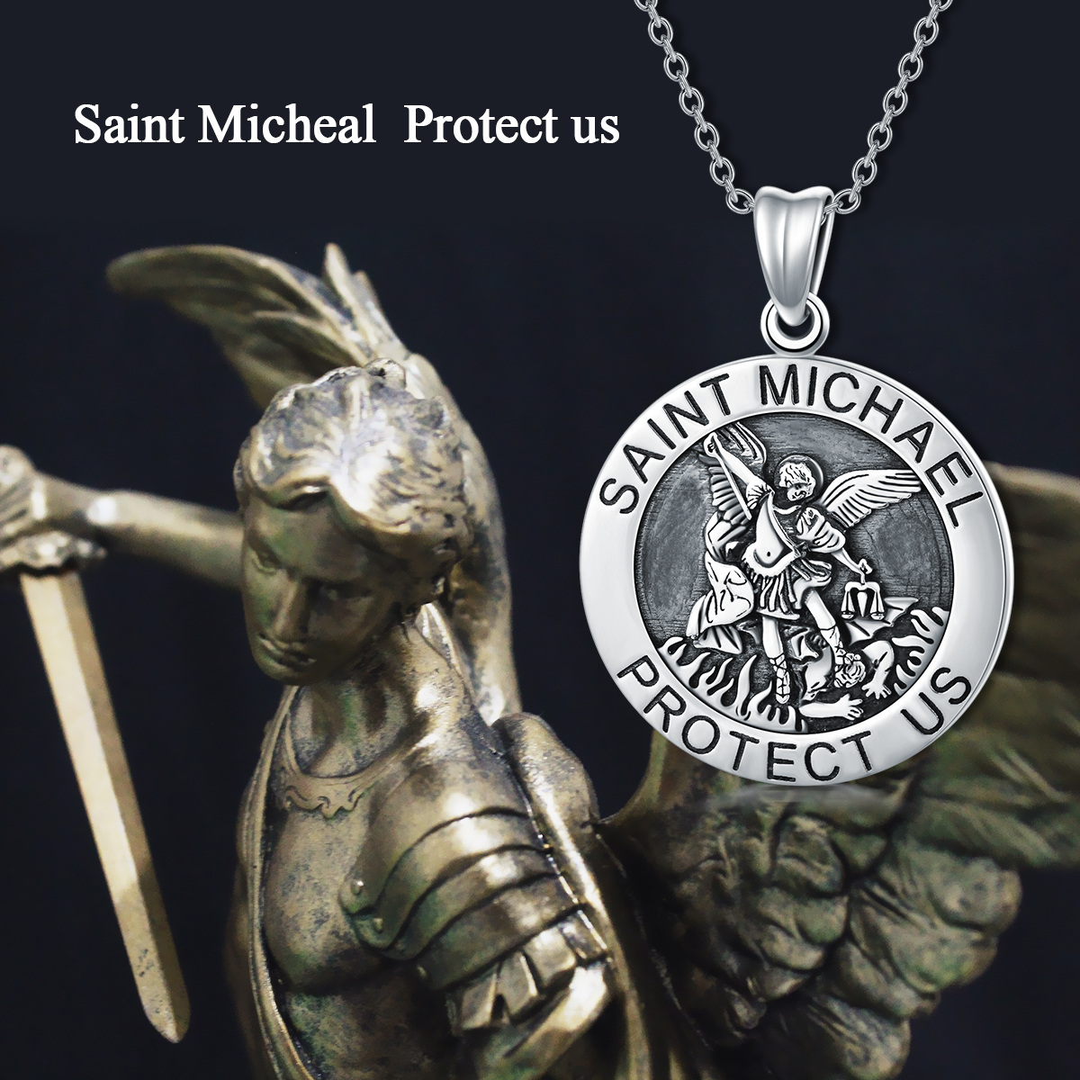 Sterling Silver Saint Michael Coin Pendant Necklace with Engraved Word for Men-4