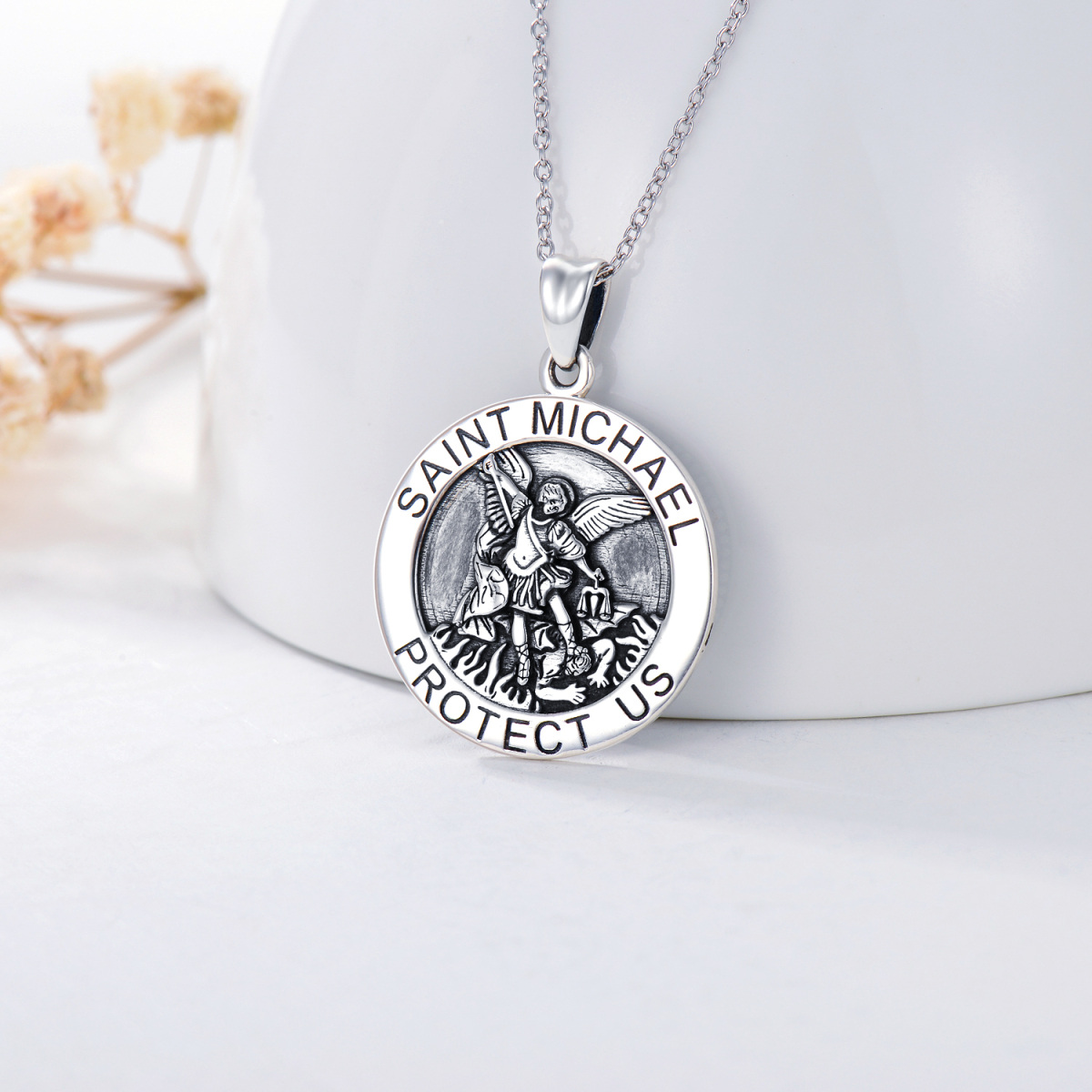 Sterling Silver Saint Michael Coin Pendant Necklace with Engraved Word for Men-5