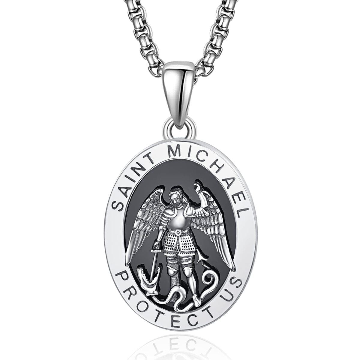 Sterling Silver Saint Michael Coin Pendant Necklace with Engraved Word for Men-1