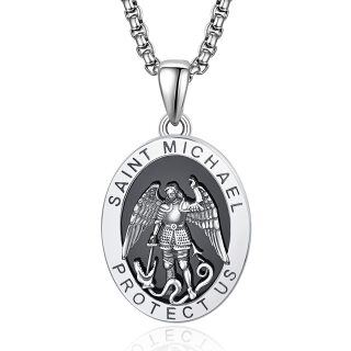 Sterling Silver Saint Michael Coin Pendant Necklace with Engraved Word for Men-32