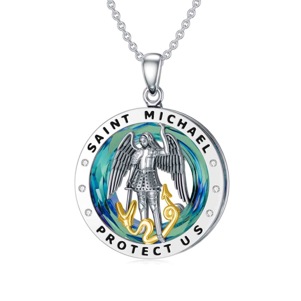 Sterling Silver Saint Michael Crystal Pendant Necklace with Engraved Word-1