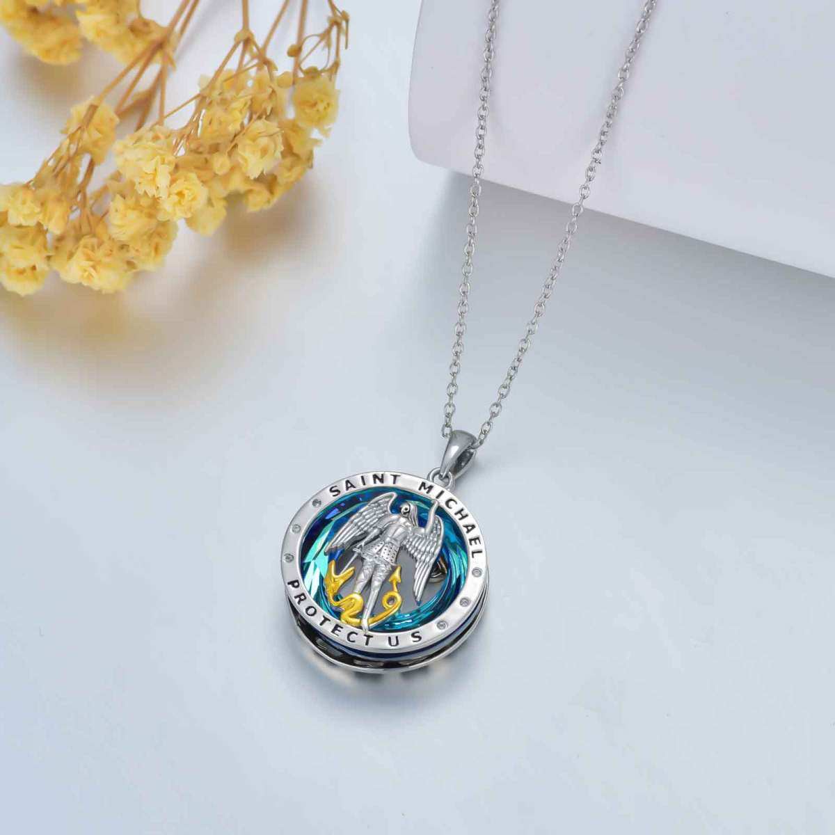 Sterling Silver Saint Michael Crystal Pendant Necklace with Engraved Word-4