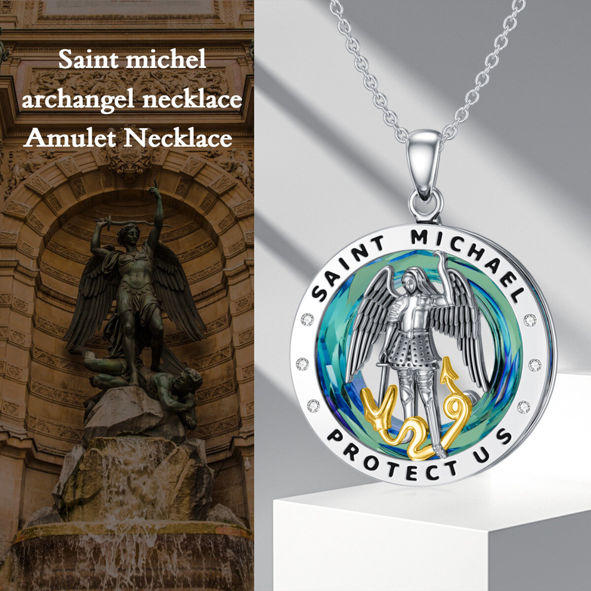 Sterling Silver Saint Michael Crystal Pendant Necklace with Engraved Word-6