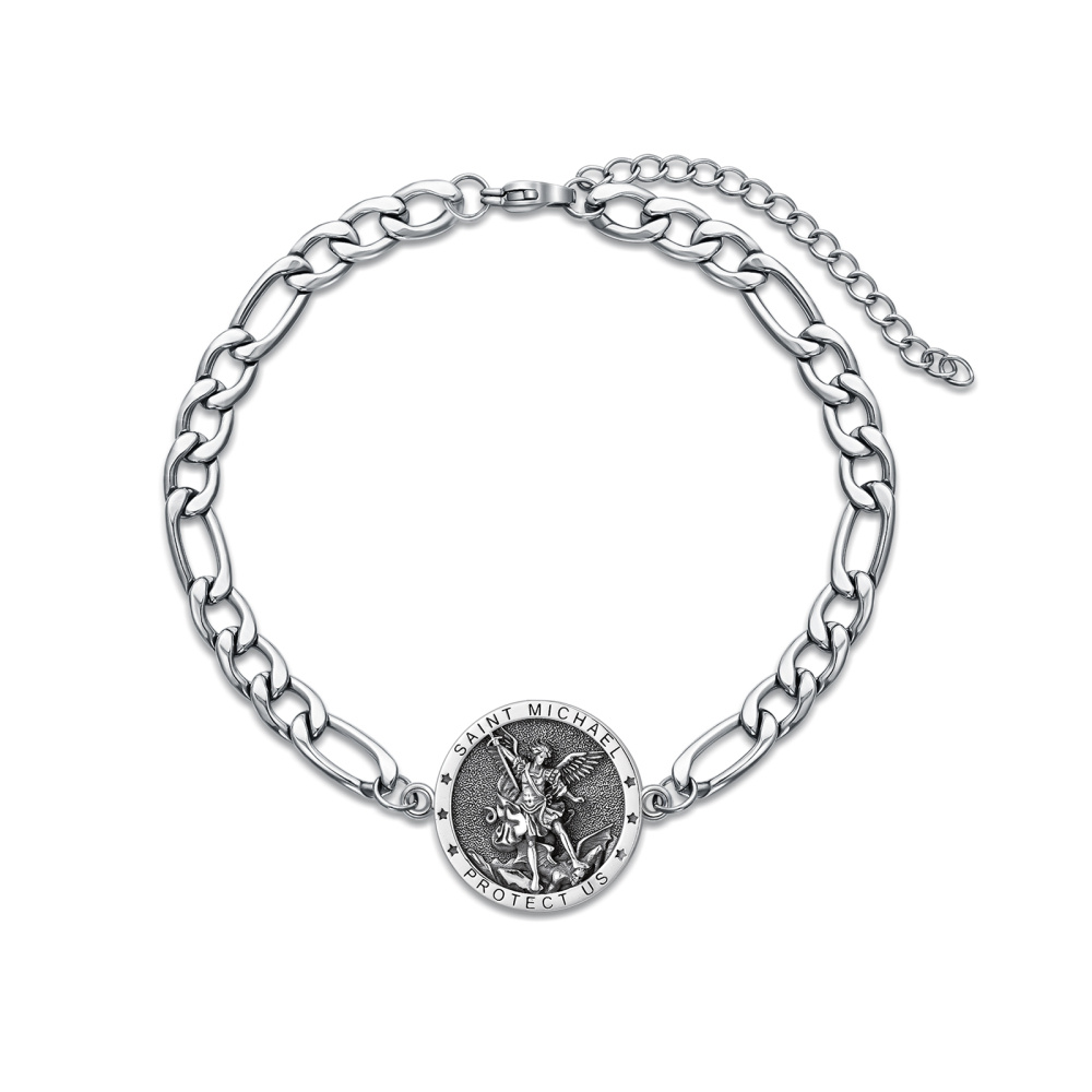 Pulseira de prata esterlina com pingente de corrente de São Miguel e palavra gravada para homem-1