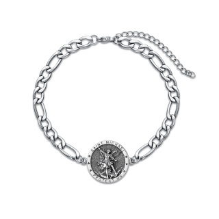 Sterling Silver Saint Michael Curb Chain Charm Bracelet with Engraved Word for Men-7