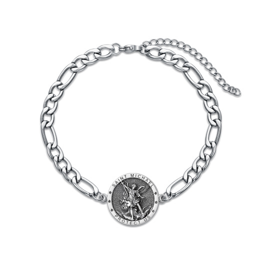 Sterling Silver Saint Michael Curb Chain Charm Bracelet with Engraved Word for Men