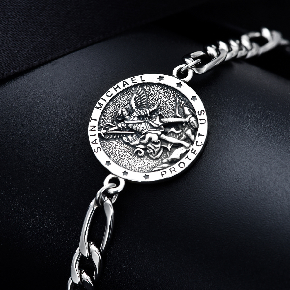 Bracelet en argent sterling avec pendentif Saint Michael Curb et mot gravé pour hommes-3