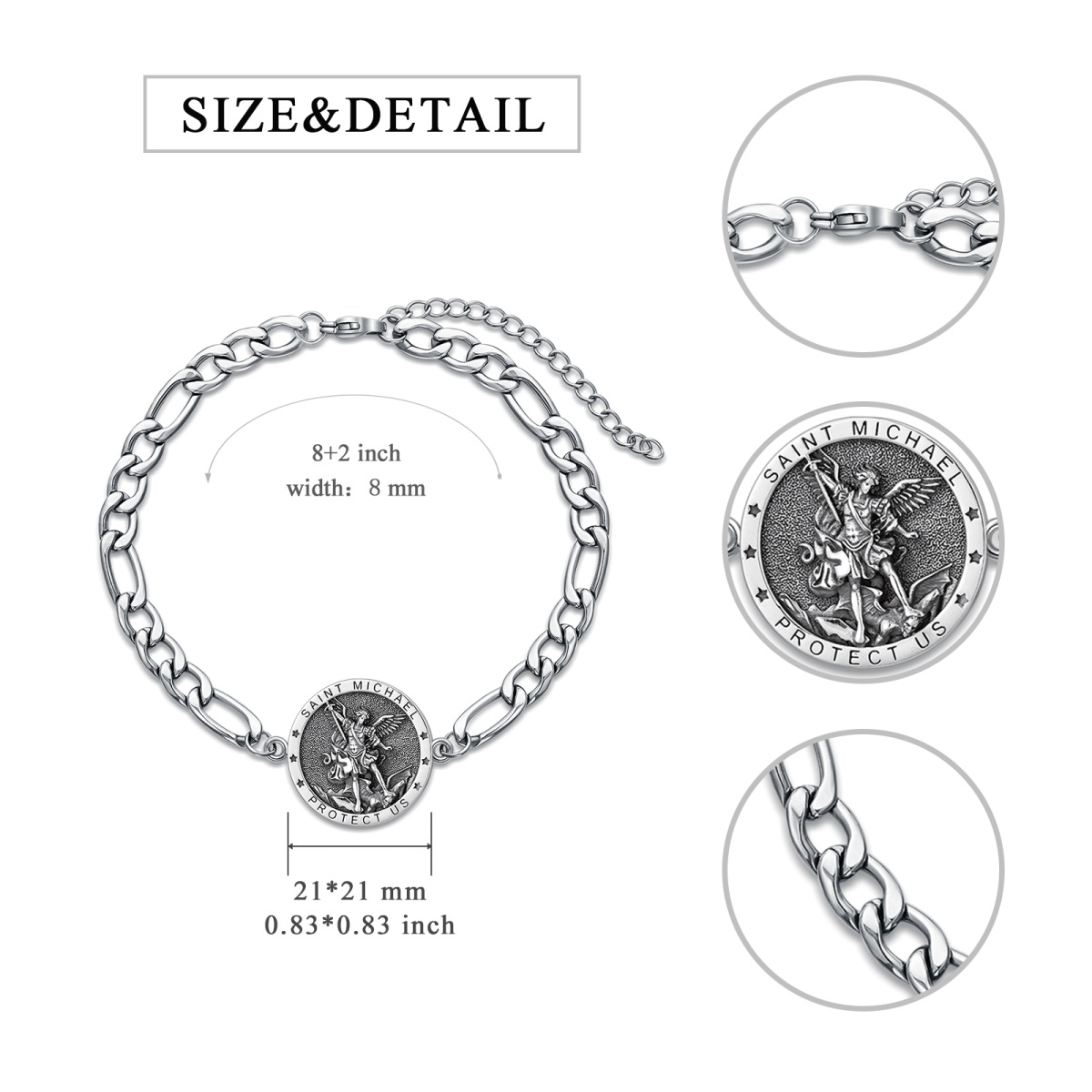 Sterling Silver Saint Michael Curb Chain Charm Bracelet with Engraved Word for Men-5