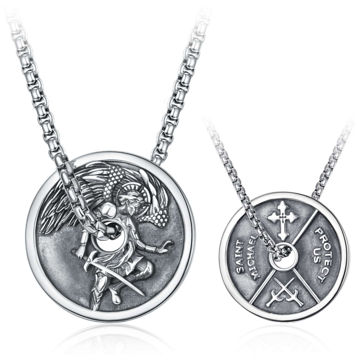 Sterling Silver Saint Michael Father & Son Pendant Necklace for Men-1