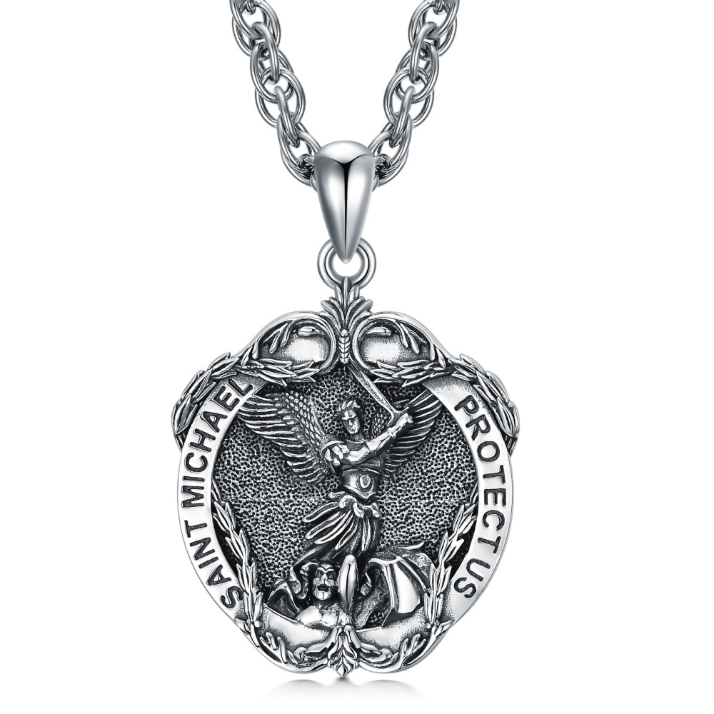 Colar de prata esterlina com pendente Saint Michael Ivy e palavra gravada para homem-1