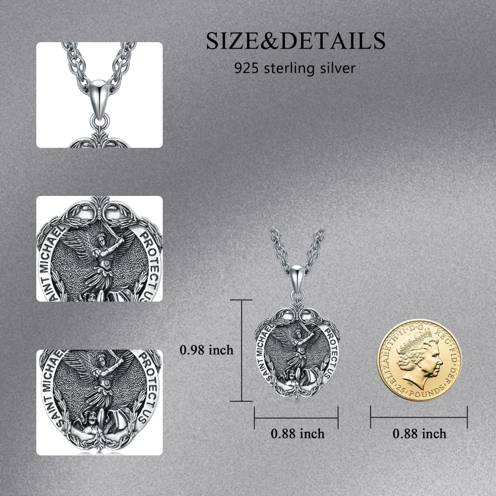 Colar de prata esterlina com pendente Saint Michael Ivy e palavra gravada para homem-5