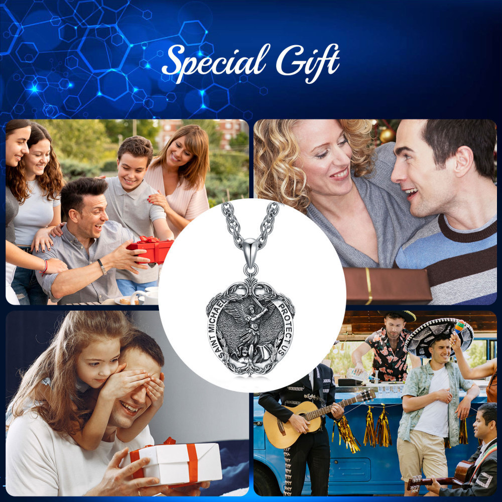 Colar de prata esterlina com pendente Saint Michael Ivy e palavra gravada para homem-6