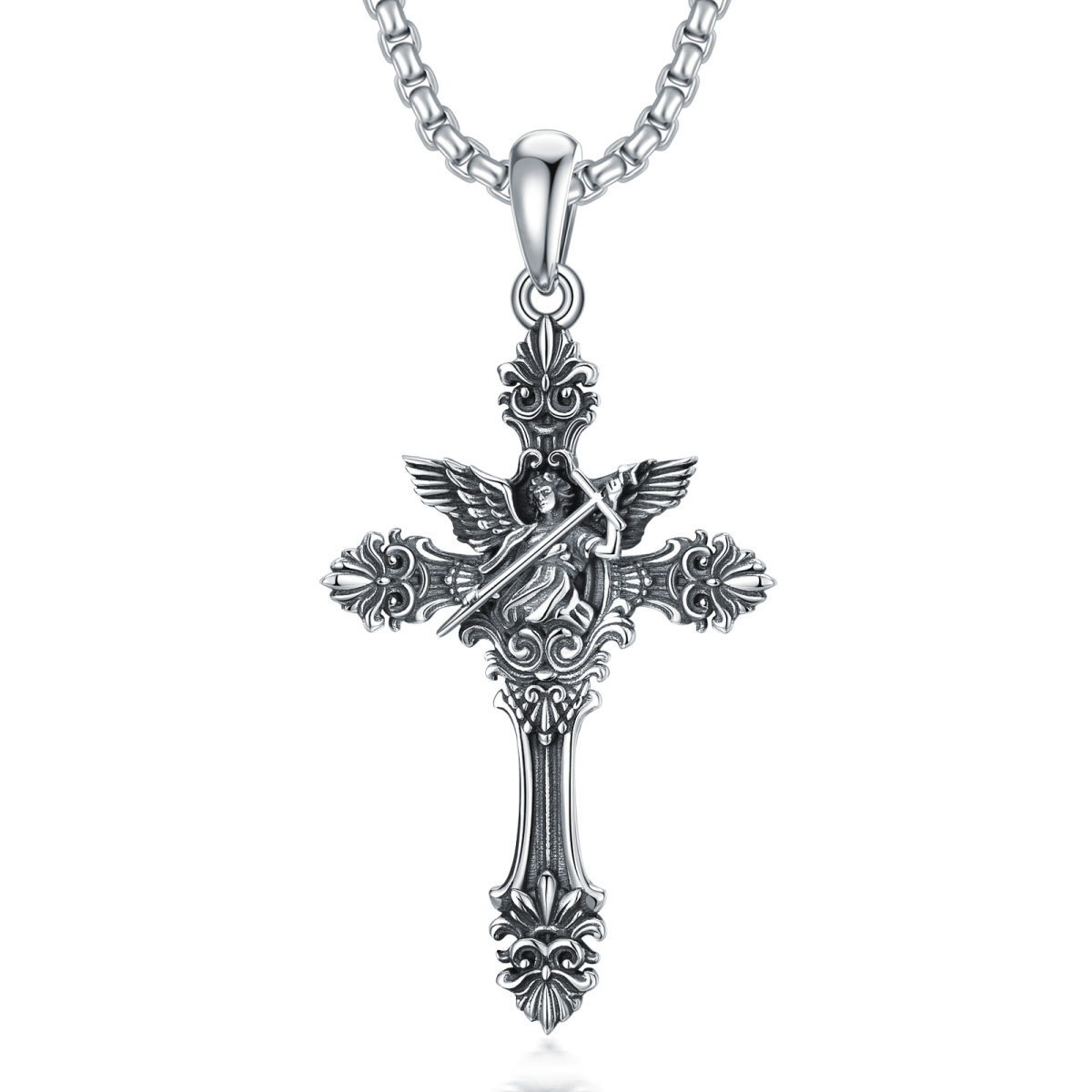 Collier en argent sterling avec pendentif Saint Michel sur la croix pour hommes-1