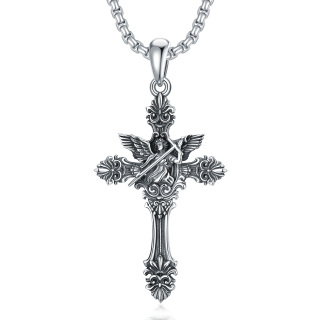 Sterling Silver Saint Michael on Cross Pendant Necklace for Men-19