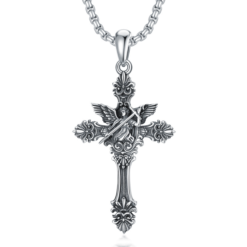 Sterling Silver Saint Michael on Cross Pendant Necklace for Men