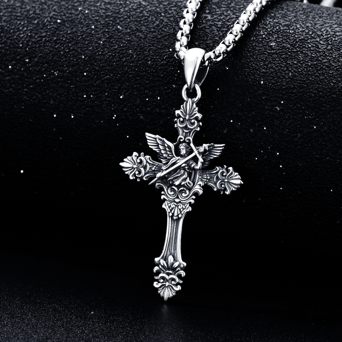 Sterling Silver Saint Michael on Cross Pendant Necklace for Men-4