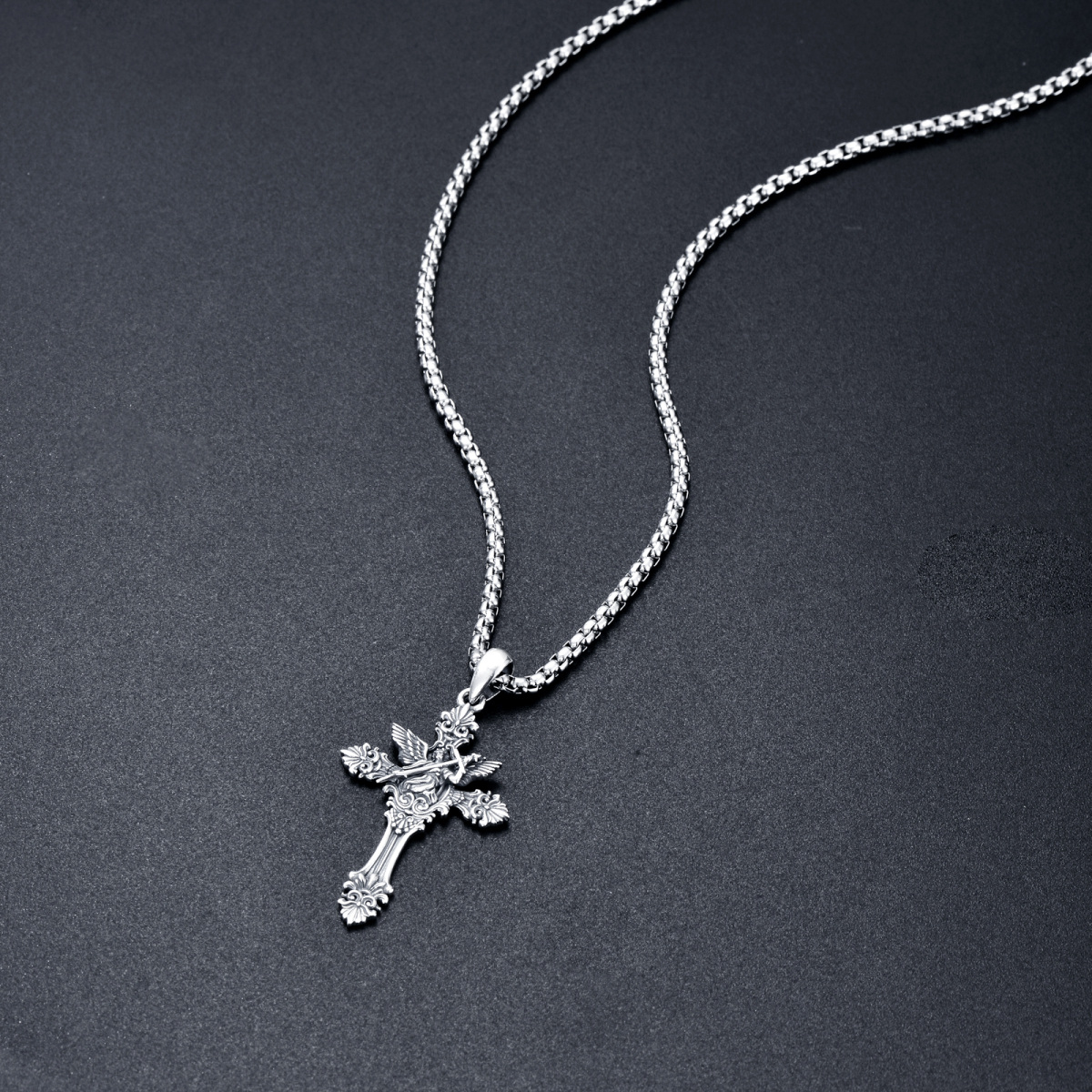 Sterling Silver Saint Michael on Cross Pendant Necklace for Men-5