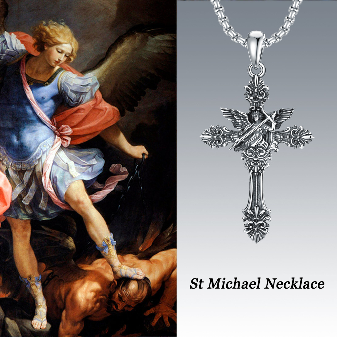 Sterling Silver Saint Michael on Cross Pendant Necklace for Men-7