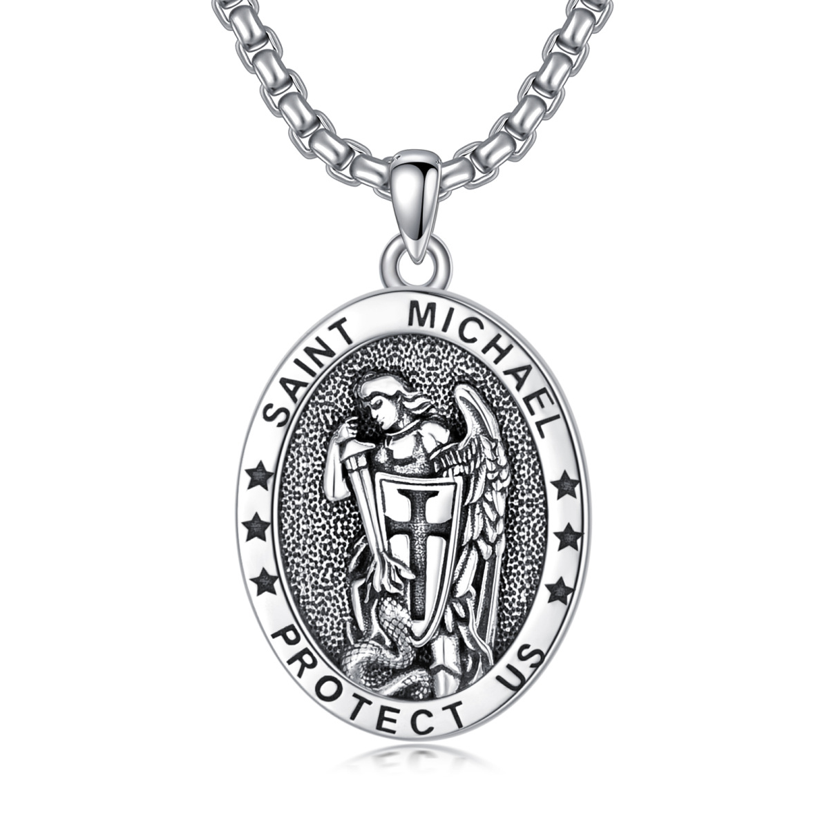 Collar con colgante ovalado de San Miguel de plata de ley con palabra grabada para hombre-1