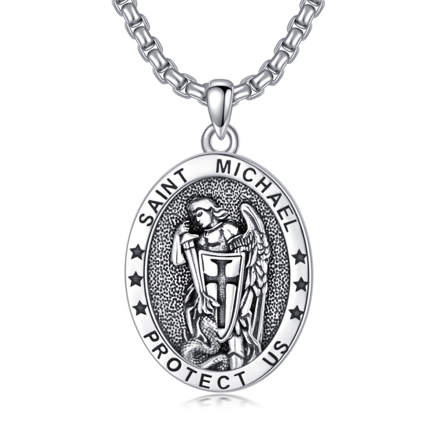 Colar com pingente oval de prata esterlina Saint Michael com palavra gravada para homens-1