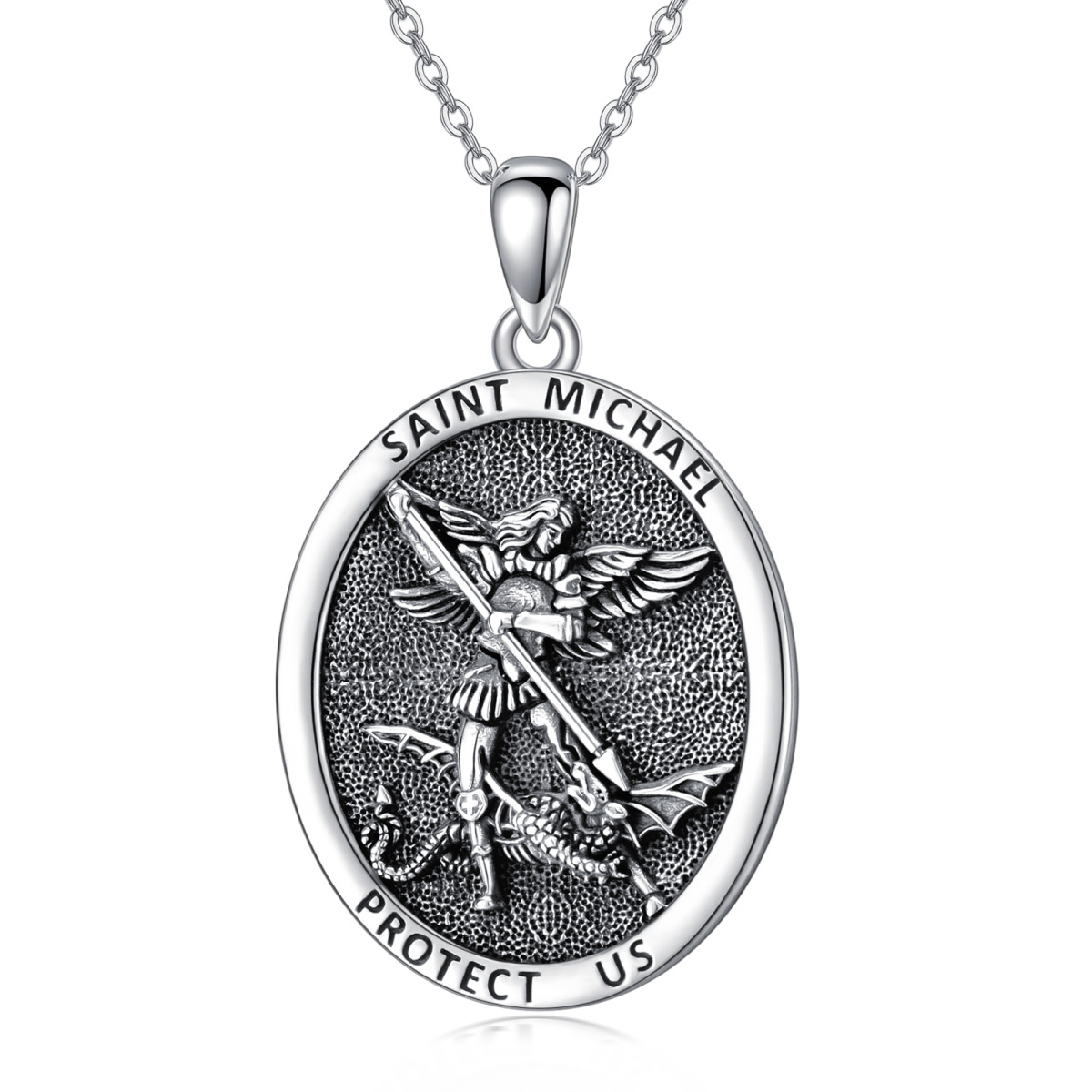 Colar com pingente oval em prata esterlina Saint Michael com palavra gravada para homens-1