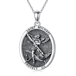 Sterling Silver Saint Michael Oval Shaped Pendant Necklace with Engraved Word for Men-36