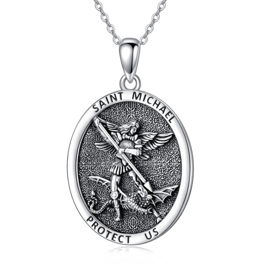 Colar com pingente oval em prata esterlina Saint Michael com palavra gravada para homens