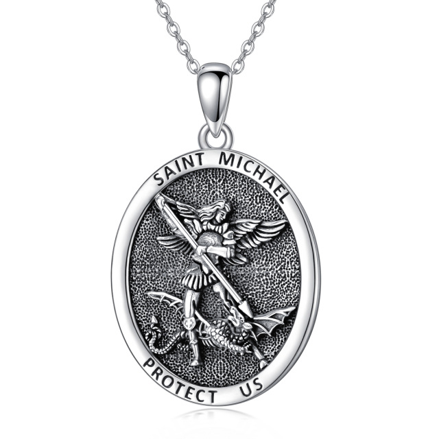 Sterling Silver Saint Michael Oval Shaped Pendant Necklace with Engraved Word for Men-2