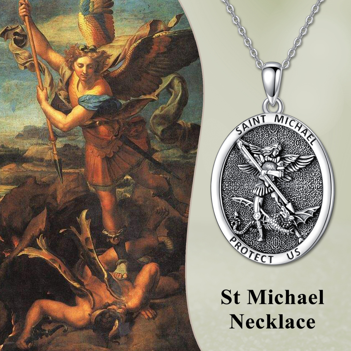 Sterling Silver Saint Michael Oval Shaped Pendant Necklace with Engraved Word for Men-5