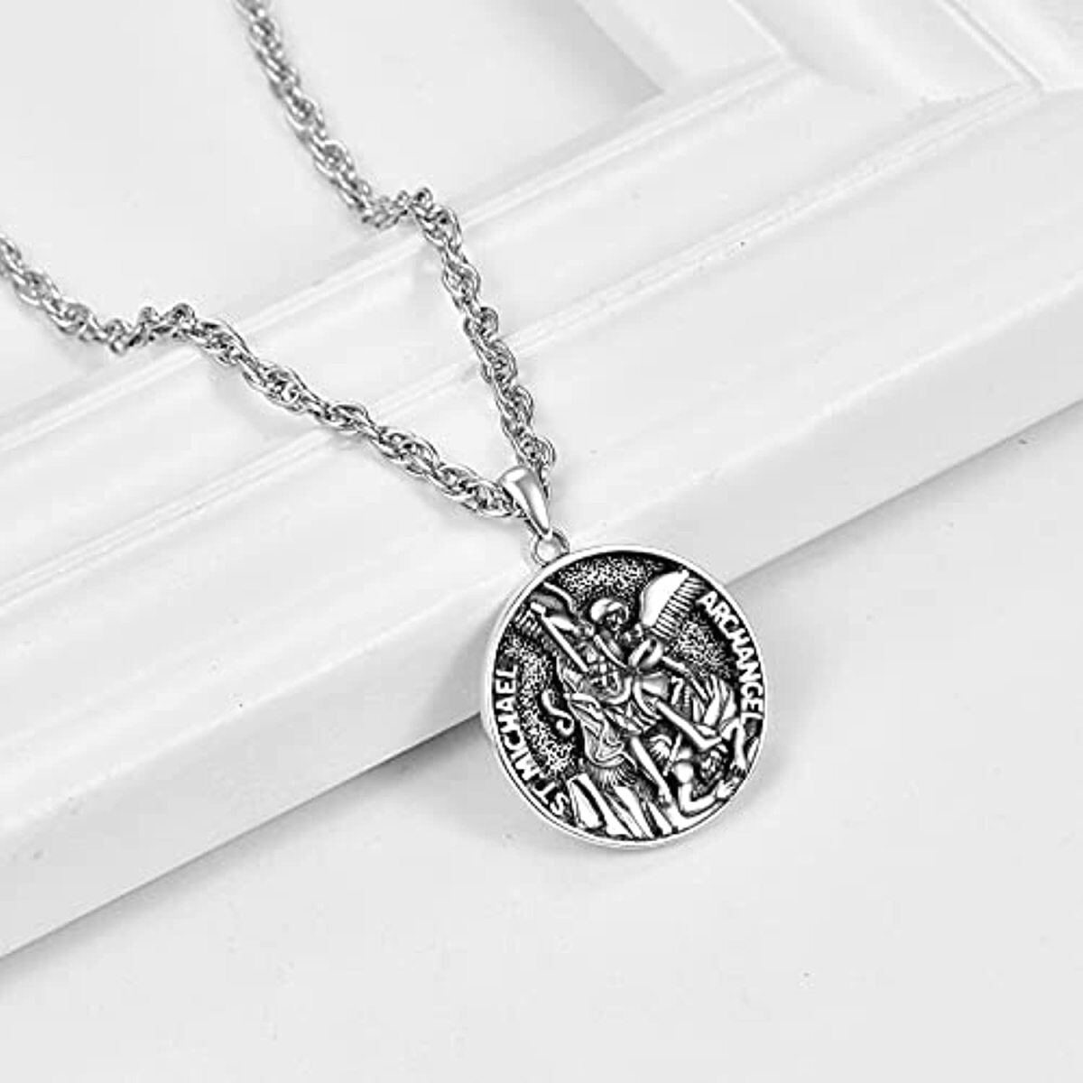 Sterling Silver Saint Michael Pendant Arch Angel Necklace with Engraved Word-4