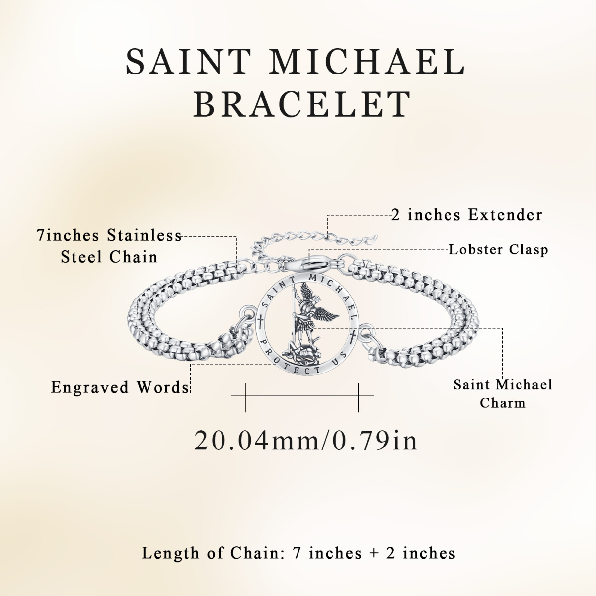 Bracelet en argent sterling avec pendentif Saint Michel et mot gravé-4