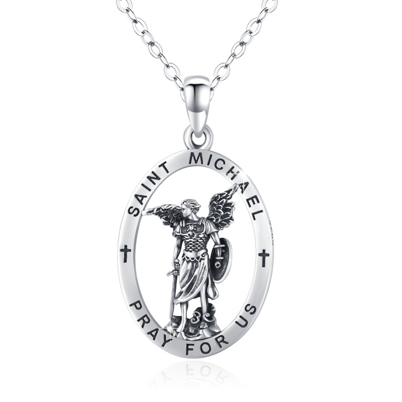 Sterling Silver Saint Michael Pendant Necklace with Cable Chain for Men-15
