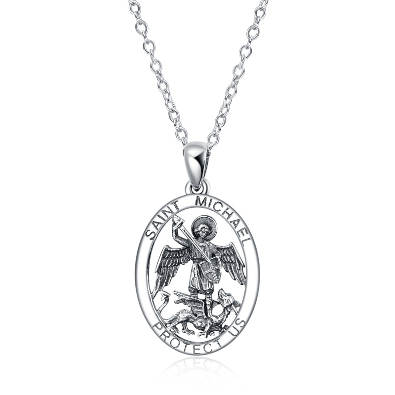 Sterling Silver Saint Michael Pendant Necklace with Engraved Word for Men-58