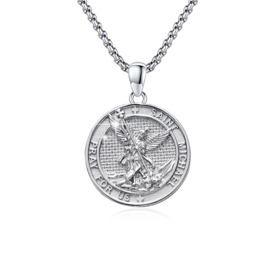 Sterling Silver Saint Michael Pendant Necklace with Engraved Word for Men