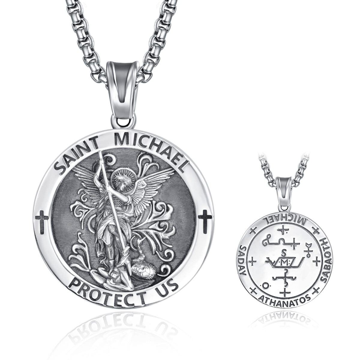 Sterling Silver Saint Michael Pendant Necklace with Engraved Word for Men-1