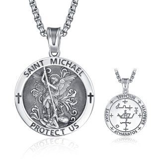 Sterling Silver Saint Michael Pendant Necklace with Engraved Word for Men-4